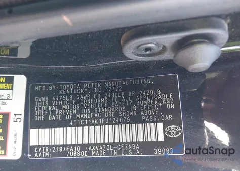 2023 Toyota Camry Le z USA, uszkodzony, nr VIN 4T1C11AK1PU124079